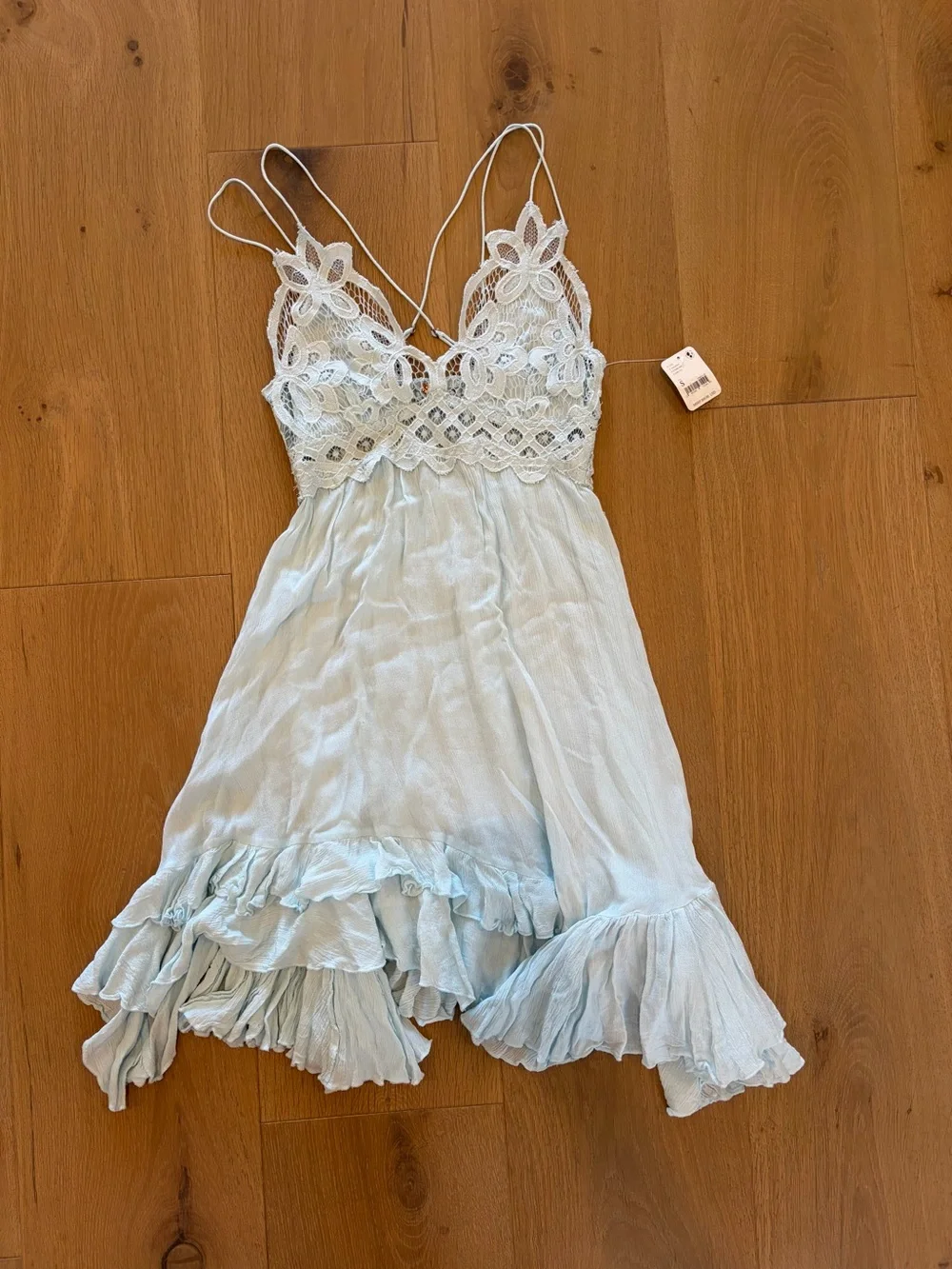 NWT Free People Blue Seawashed Adella Slip- Lace Crochet Asymmetrical Mini Dress